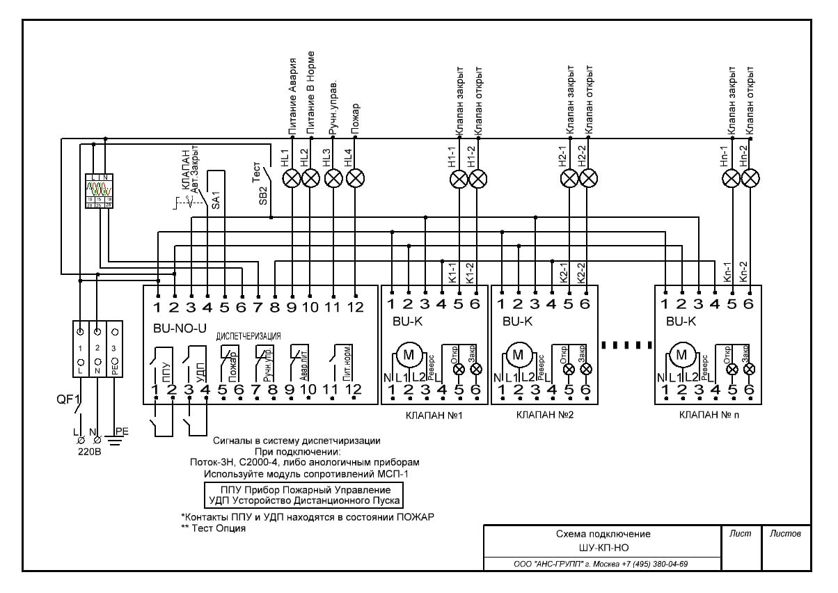 схема подключения шкафа управления огнезадерживающими (противопожарными) клапанами ШУ-КП-НО-230Р-04
