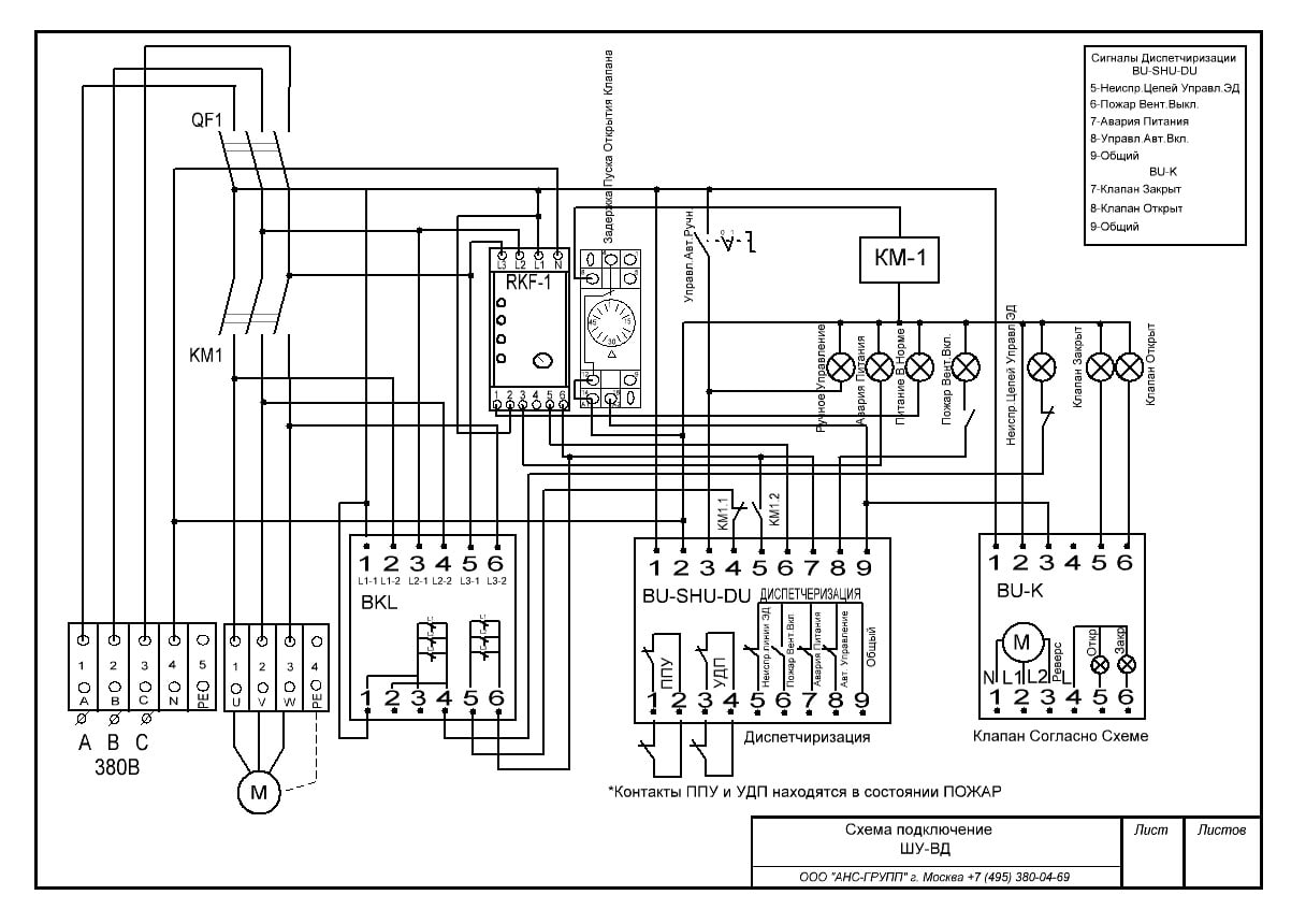схема подключения шкафа управления дымоудалением ШУВД-1 (0.75 кВт) 2.5А