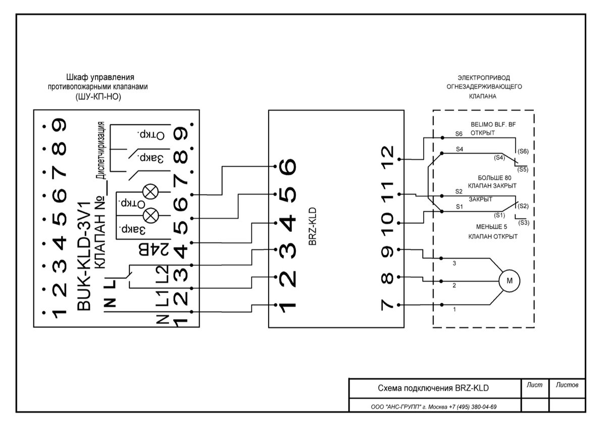 схема подключения блока управления BUK-KLD к клапану с возвратной пружиной через блок резисторов BRZ-KLD